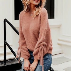 Simplee solid drawstring sleeve fuzzy sweater